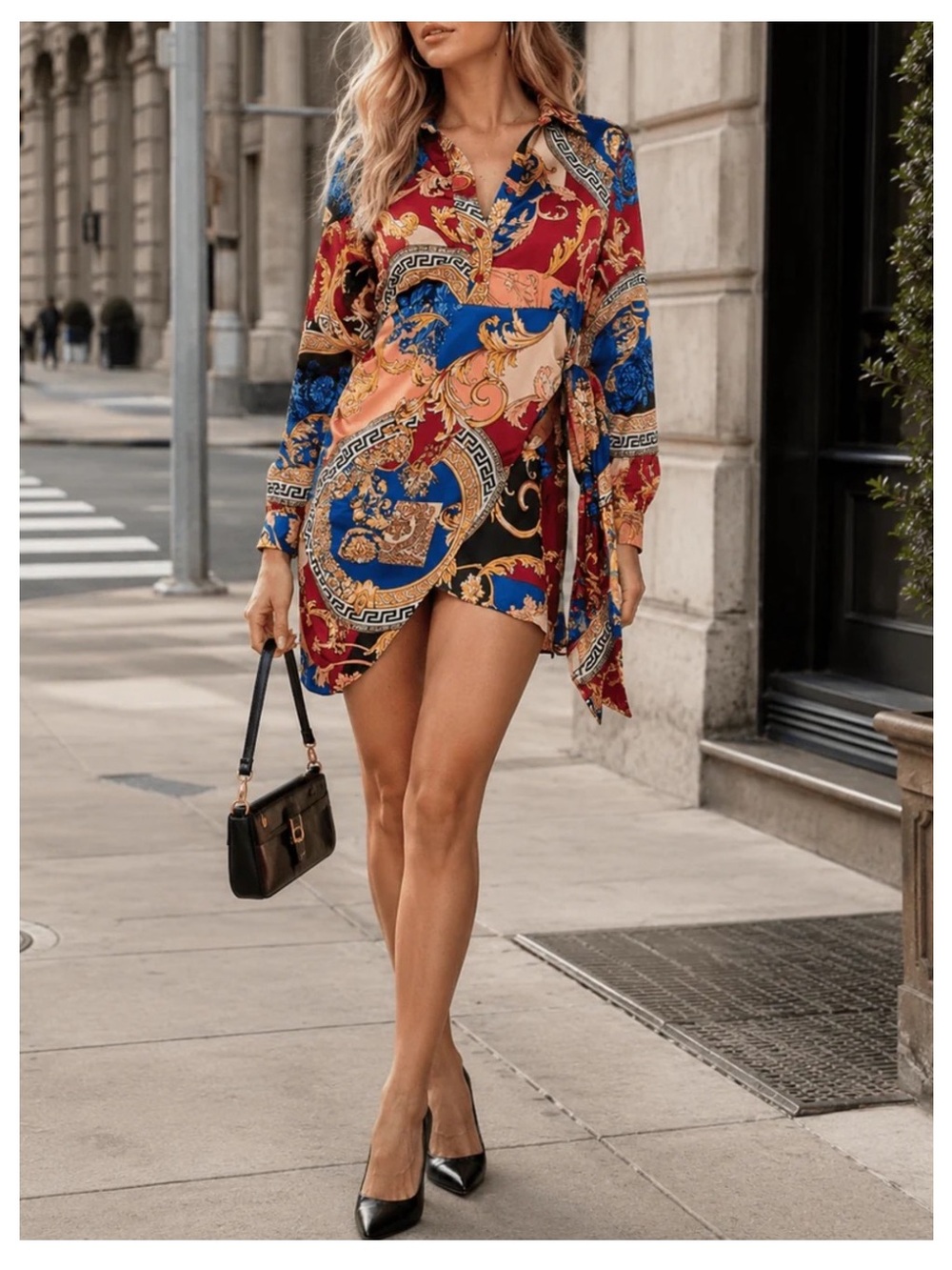 🟠NWT CIEN Greek Key and Chain Print Wrap Style Mini Dress **Versace Vibes**